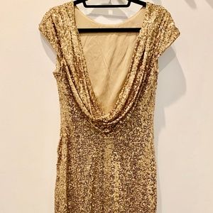 BADGLEY MISCHKA GOLD SEQUIN COWL BACK EVENING